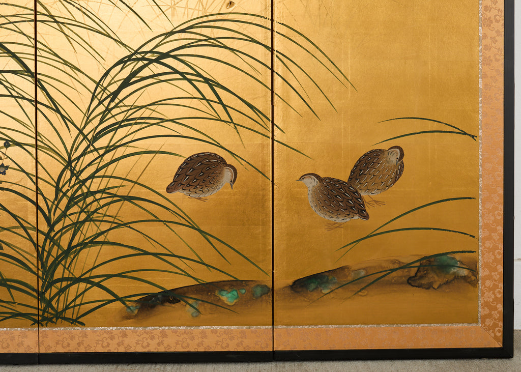 Japanese Showa Four Panel Screen Quail Amid Autumn Grasses