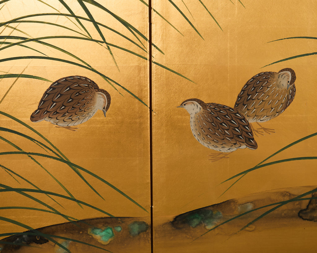 Japanese Showa Four Panel Screen Quail Amid Autumn Grasses