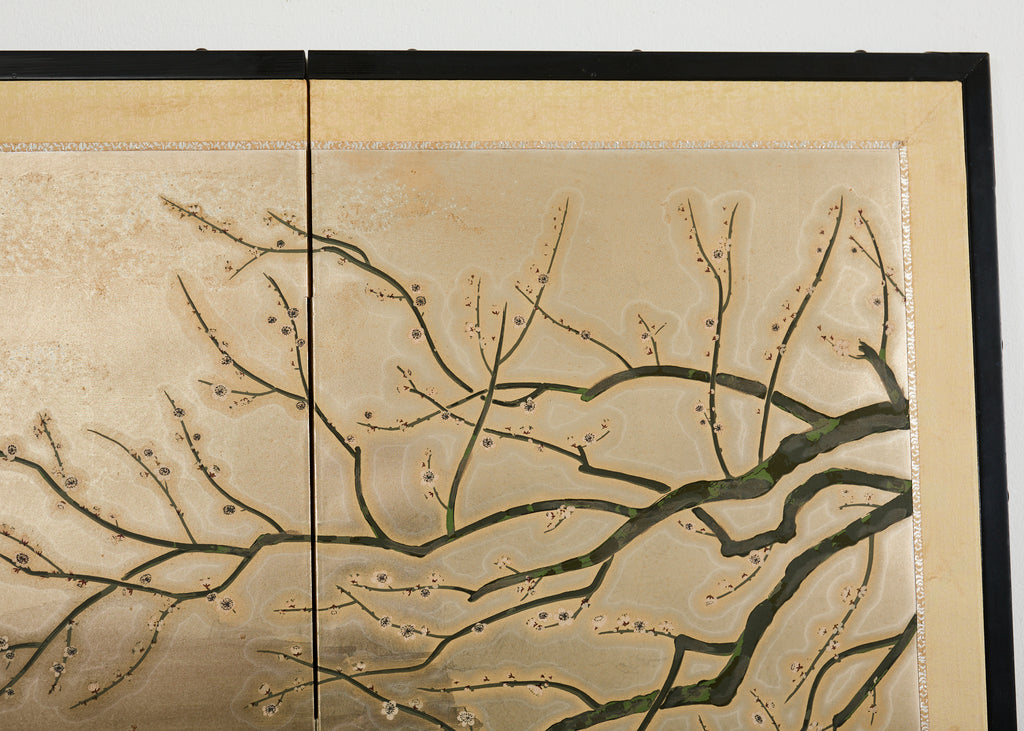 Japanese Showa Four Panel Screen Prunus with Songbirds