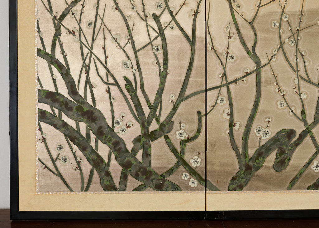 Japanese Showa Four Panel Screen Prunus with Songbirds
