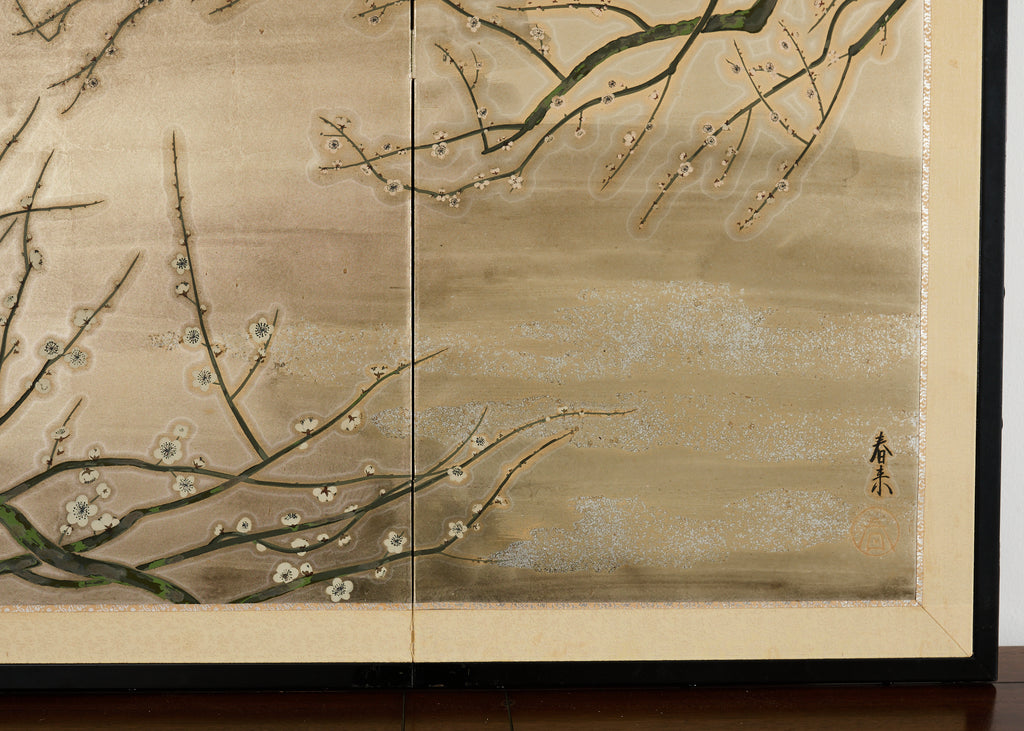 Japanese Showa Four Panel Screen Prunus with Songbirds