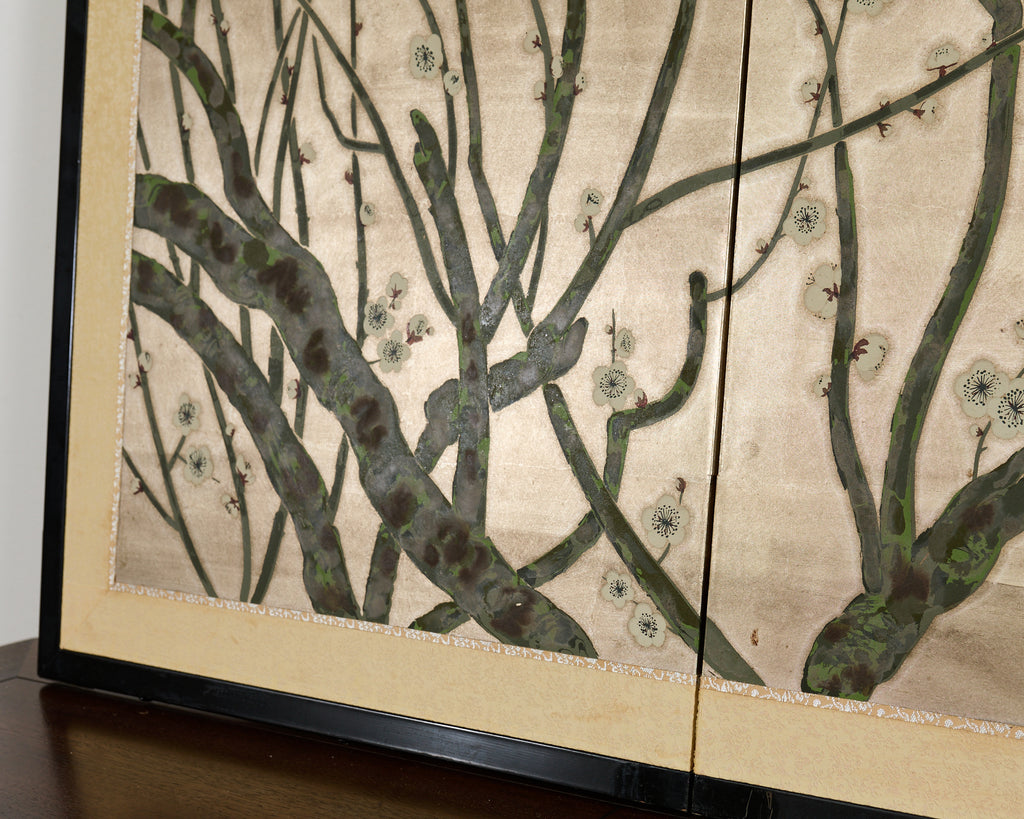 Japanese Showa Four Panel Screen Prunus with Songbirds
