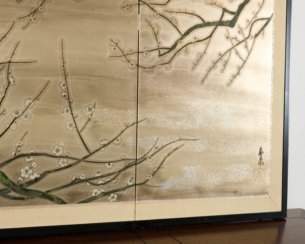 Japanese Showa Four Panel Screen Prunus with Songbirds
