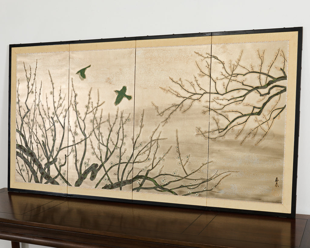 Japanese Showa Four Panel Screen Prunus with Songbirds