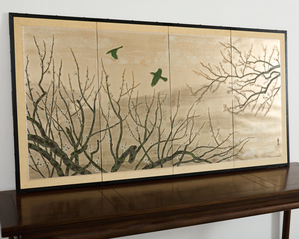 Japanese Showa Four Panel Screen Prunus with Songbirds