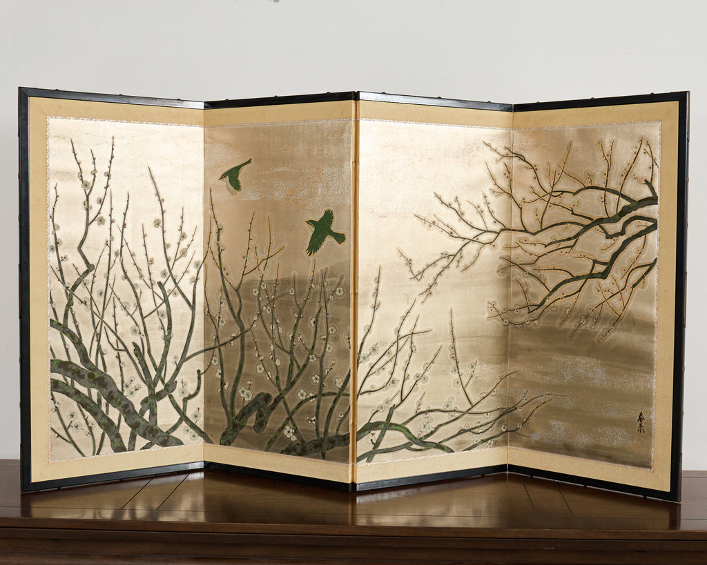 Japanese Showa Four Panel Screen Prunus with Songbirds