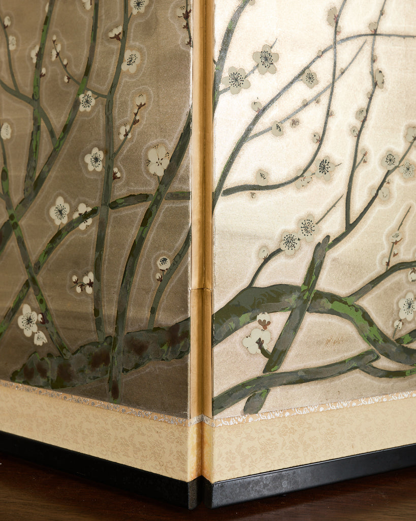 Japanese Showa Four Panel Screen Prunus with Songbirds