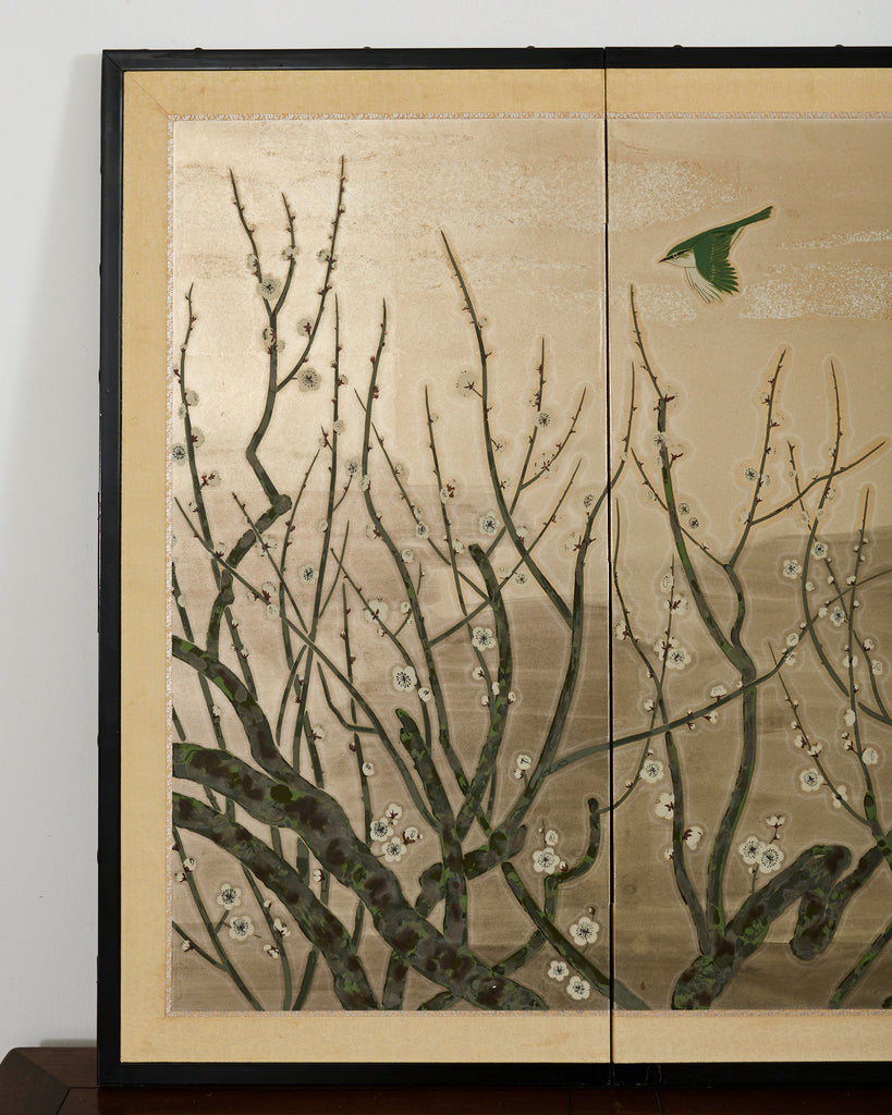 Japanese Showa Four Panel Screen Prunus with Songbirds