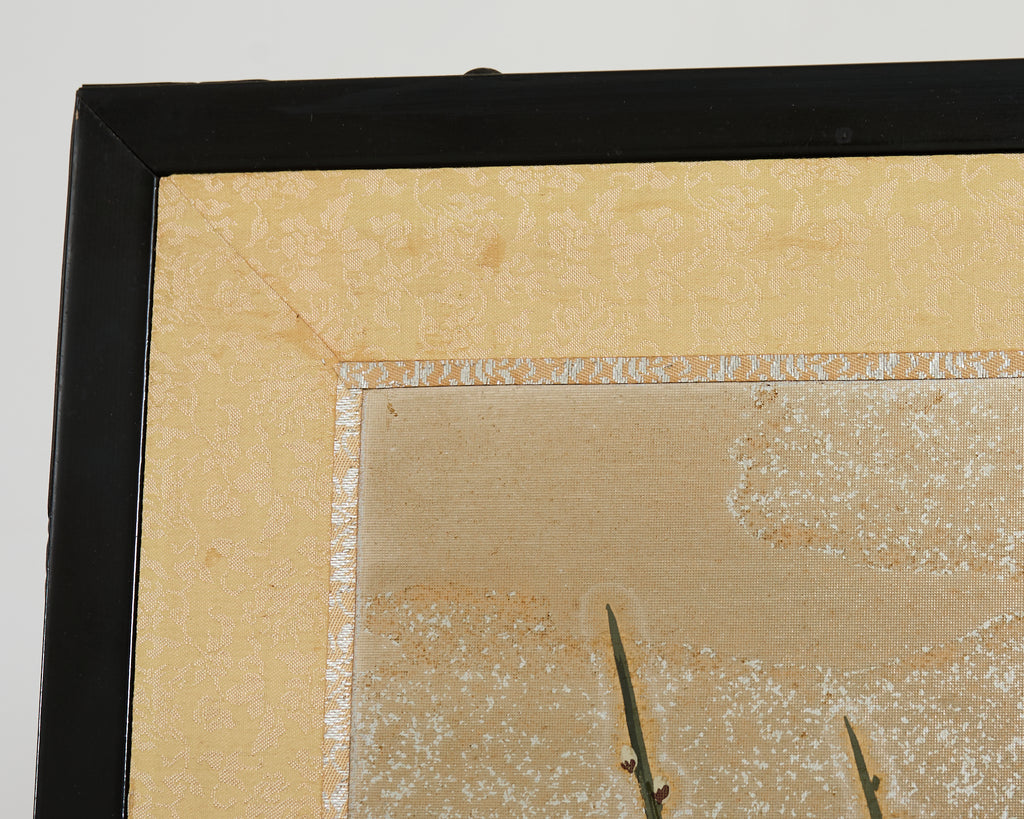 Japanese Showa Four Panel Screen Prunus with Songbirds