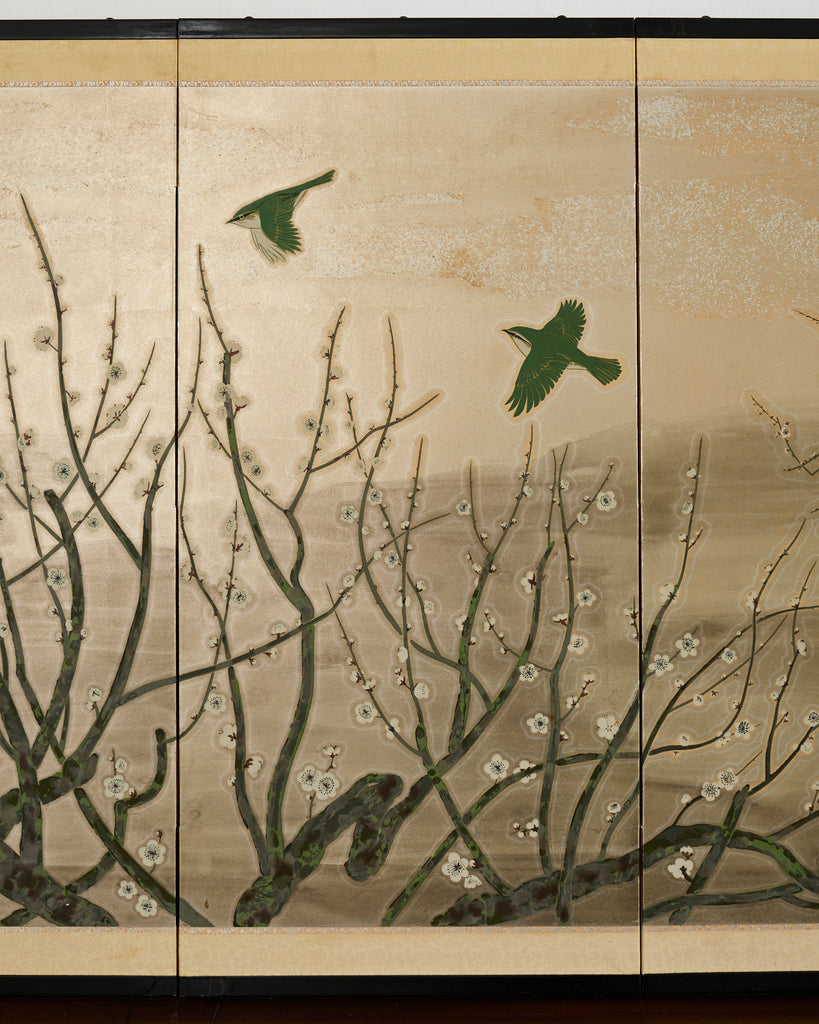 Japanese Showa Four Panel Screen Prunus with Songbirds
