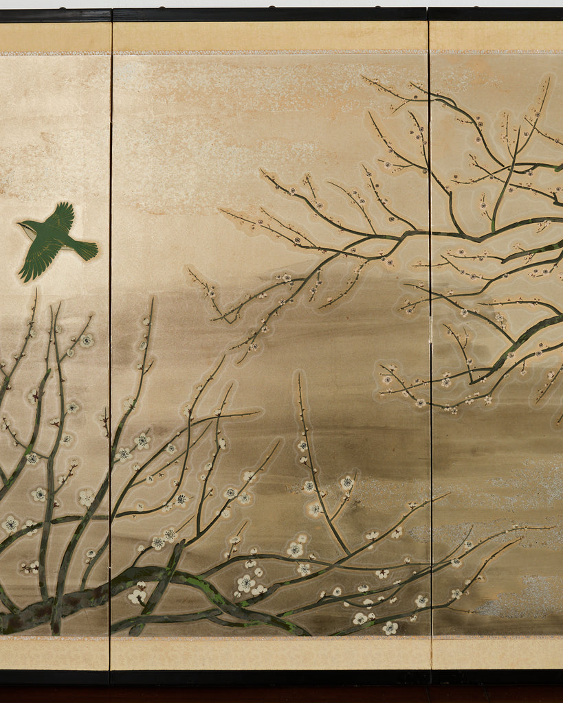Japanese Showa Four Panel Screen Prunus with Songbirds
