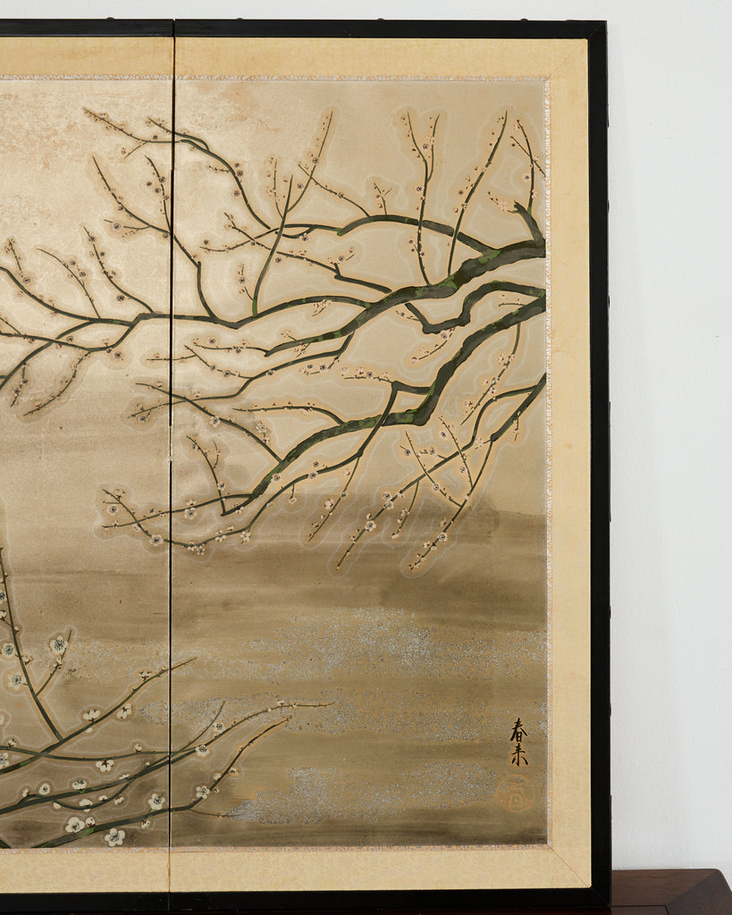 Japanese Showa Four Panel Screen Prunus with Songbirds