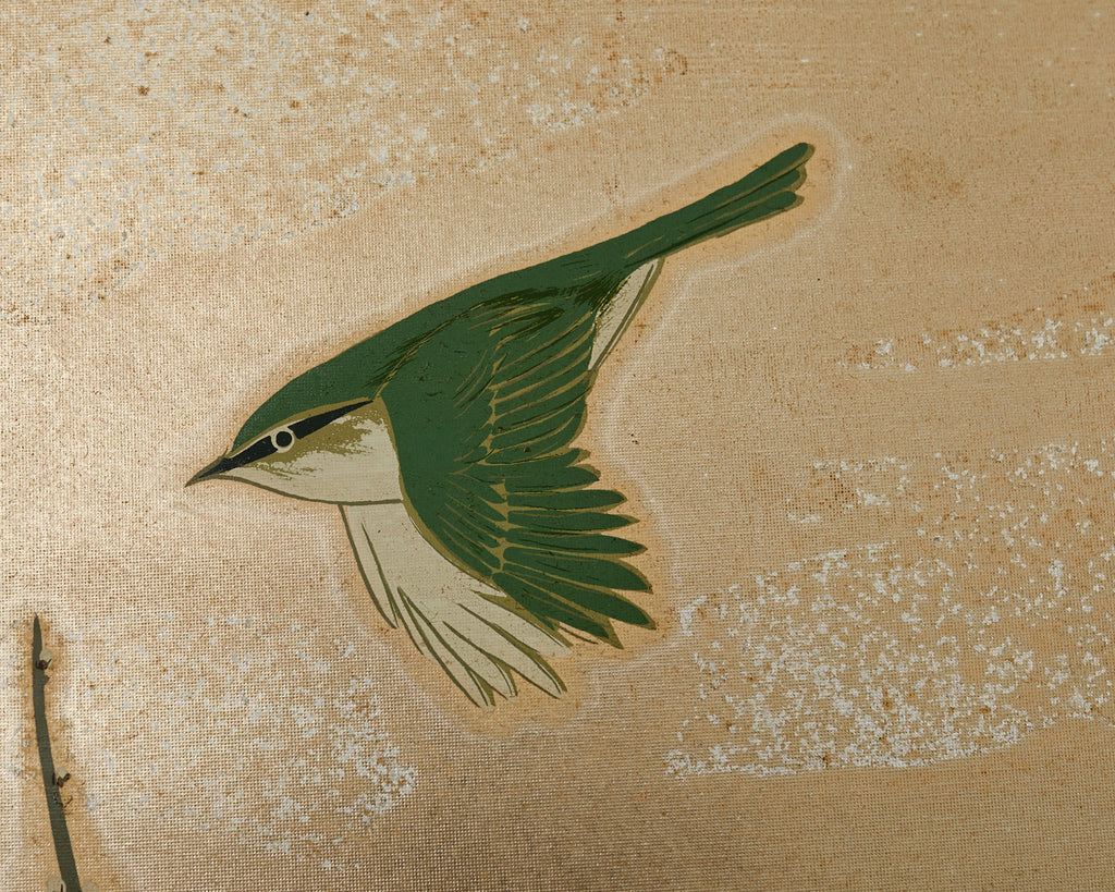 Japanese Showa Four Panel Screen Prunus with Songbirds