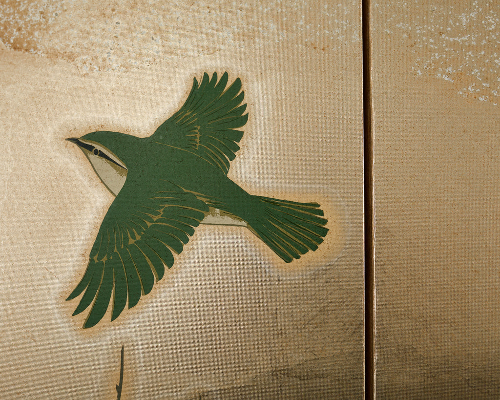 Japanese Showa Four Panel Screen Prunus with Songbirds