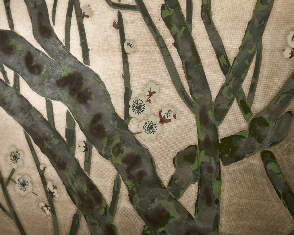 Japanese Showa Four Panel Screen Prunus with Songbirds