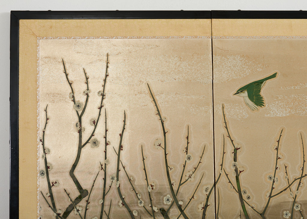 Japanese Showa Four Panel Screen Prunus with Songbirds