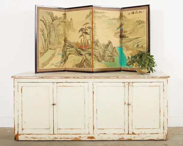 Japanese Style Four Panel Screen Turquoise River Landscape