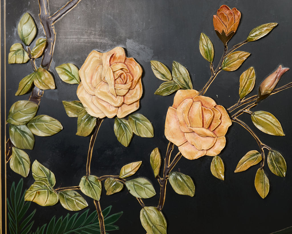 Chinese Six Panel Carved Soapstone Coromandel Lacquer Screen