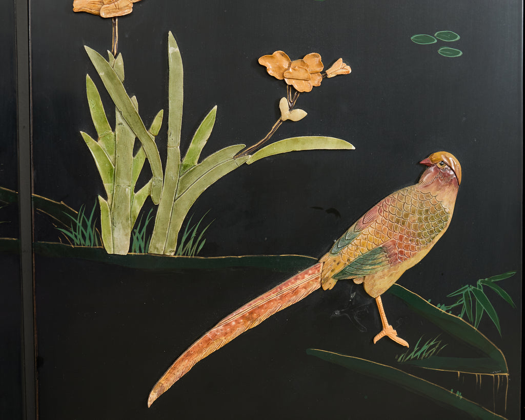 Chinese Six Panel Carved Soapstone Coromandel Lacquer Screen