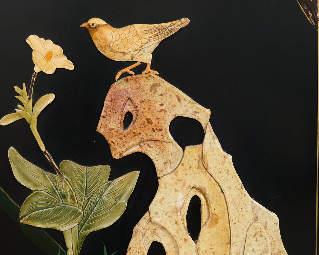 Chinese Six Panel Carved Soapstone Coromandel Lacquer Screen