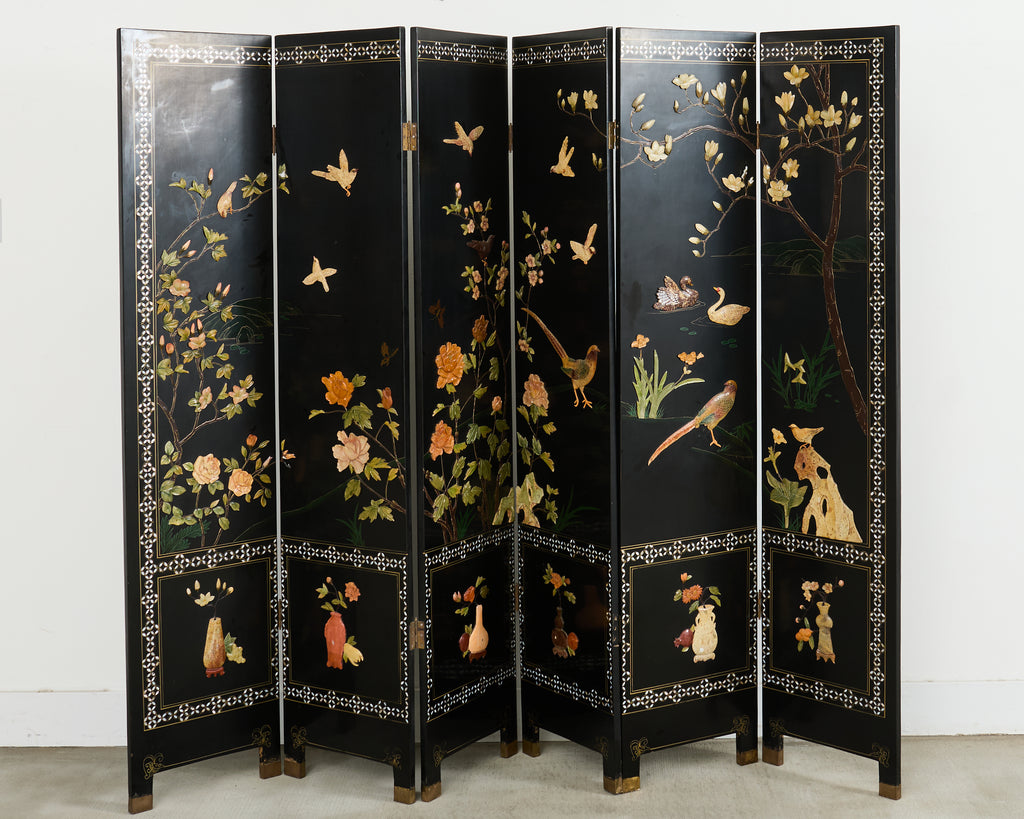 Chinese Six Panel Carved Soapstone Coromandel Lacquer Screen
