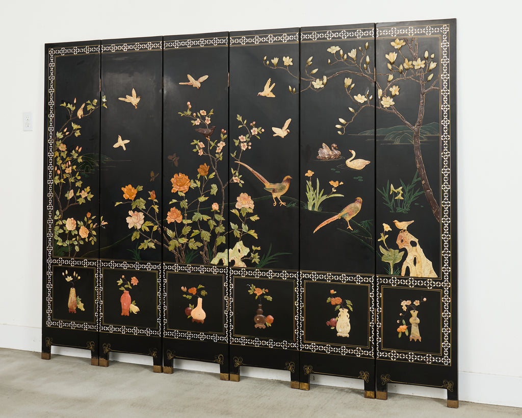 Chinese Six Panel Carved Soapstone Coromandel Lacquer Screen