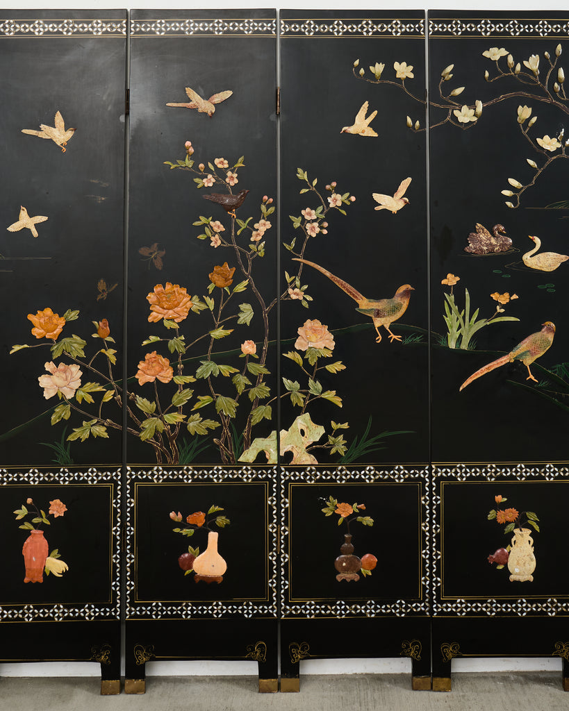 Chinese Six Panel Carved Soapstone Coromandel Lacquer Screen
