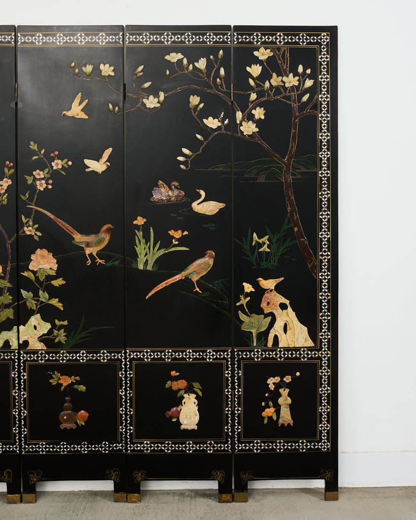 Chinese Six Panel Carved Soapstone Coromandel Lacquer Screen