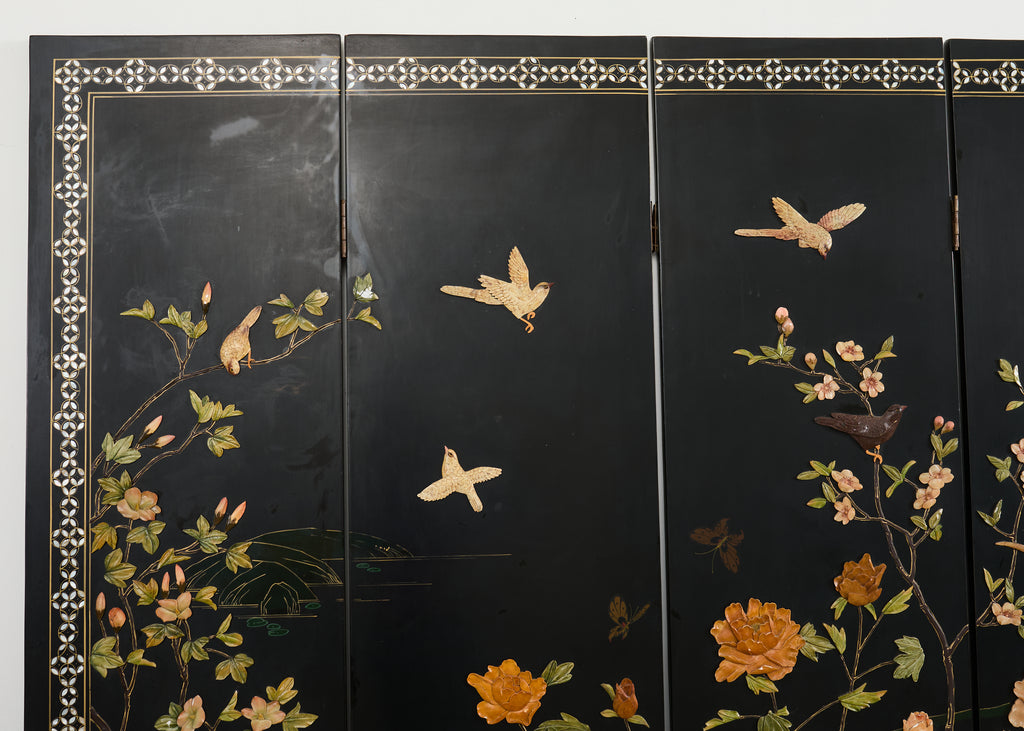 Chinese Six Panel Carved Soapstone Coromandel Lacquer Screen