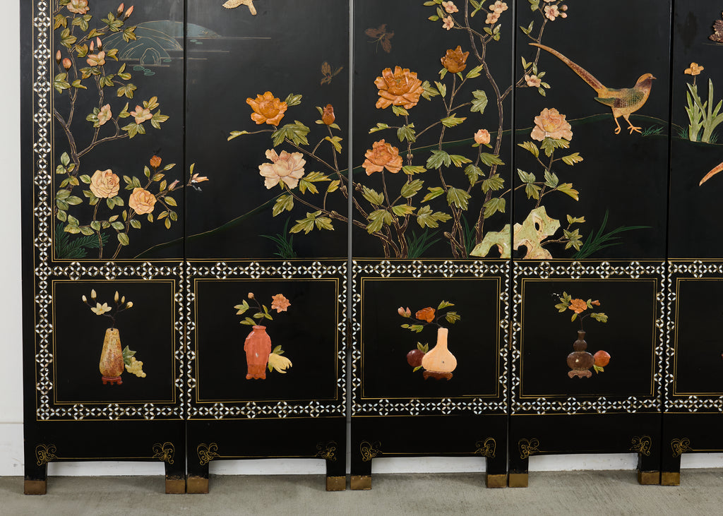 Chinese Six Panel Carved Soapstone Coromandel Lacquer Screen