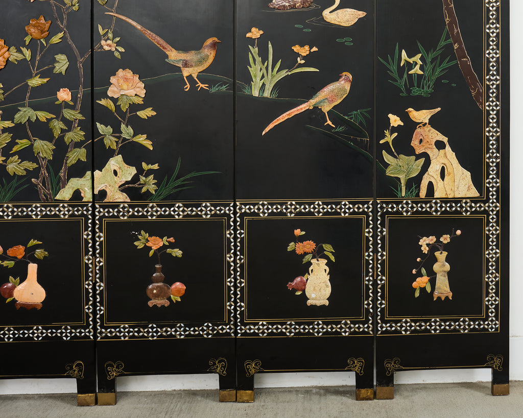 Chinese Six Panel Carved Soapstone Coromandel Lacquer Screen