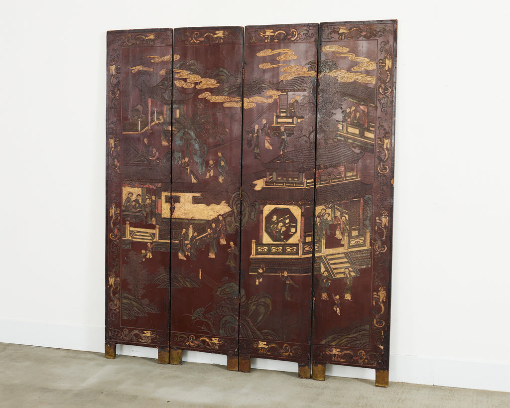 Chinese Export Qing Lacquered Four Panel Coromandel Screen