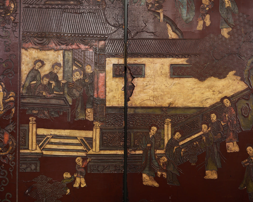 Chinese Export Qing Lacquered Four Panel Coromandel Screen