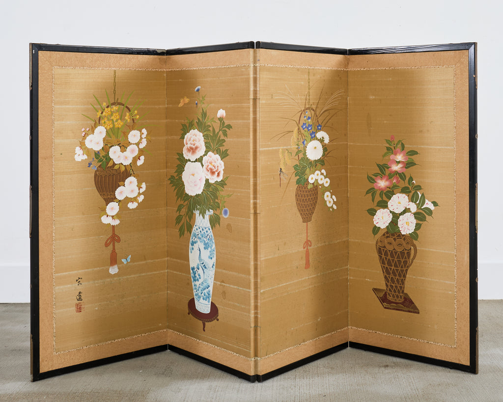 Japanese Showa Four Panel Screen Flower Vases on Silk