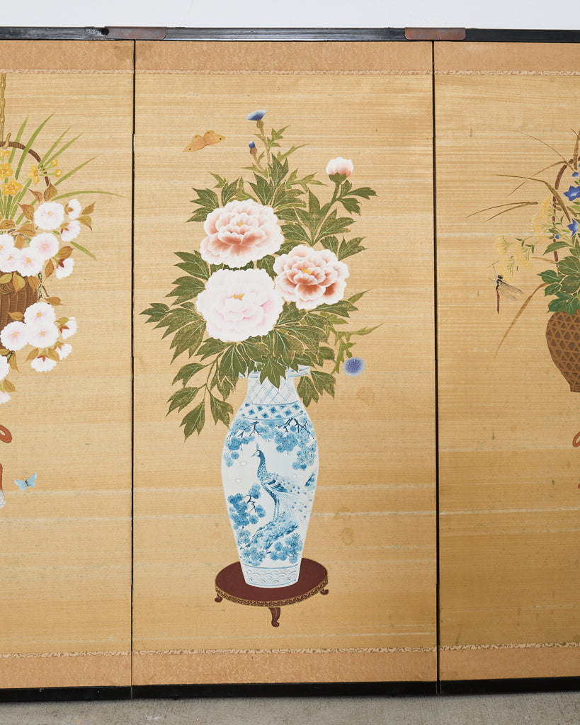 Japanese Showa Four Panel Screen Flower Vases on Silk