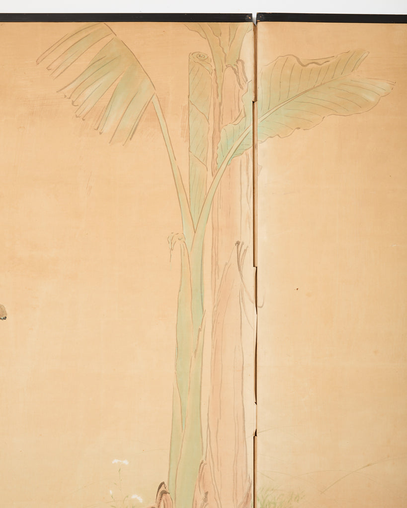 Japanese Taisho Six Panel Screen Roosters and Hens