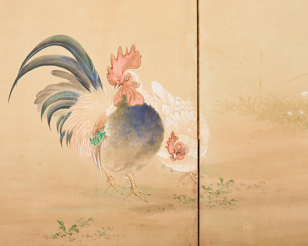 Japanese Taisho Six Panel Screen Roosters and Hens
