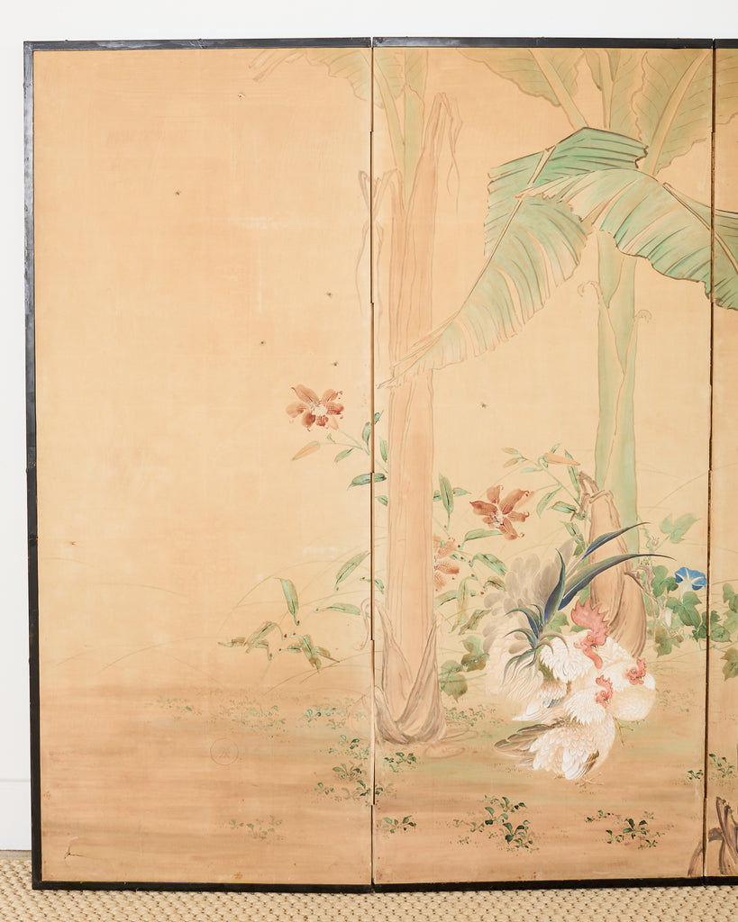 Japanese Taisho Six Panel Screen Roosters and Hens