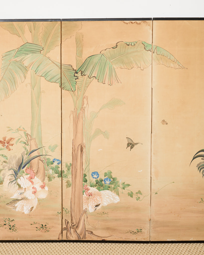 Japanese Taisho Six Panel Screen Roosters and Hens