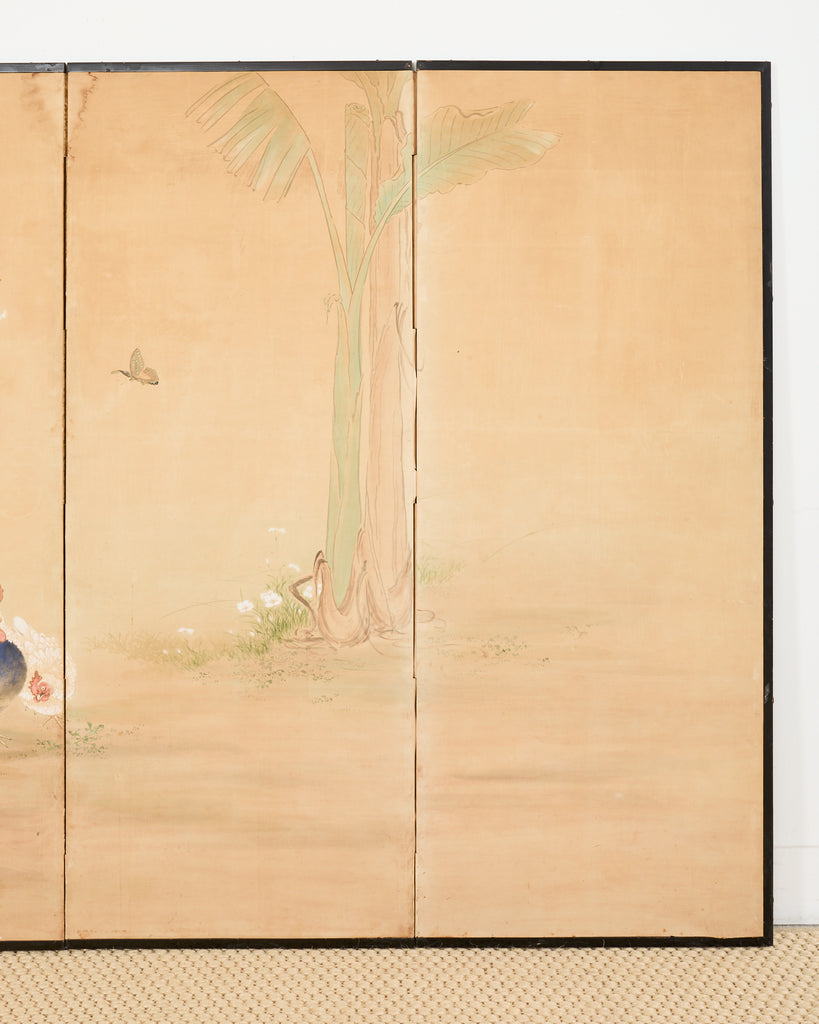 Japanese Taisho Six Panel Screen Roosters and Hens