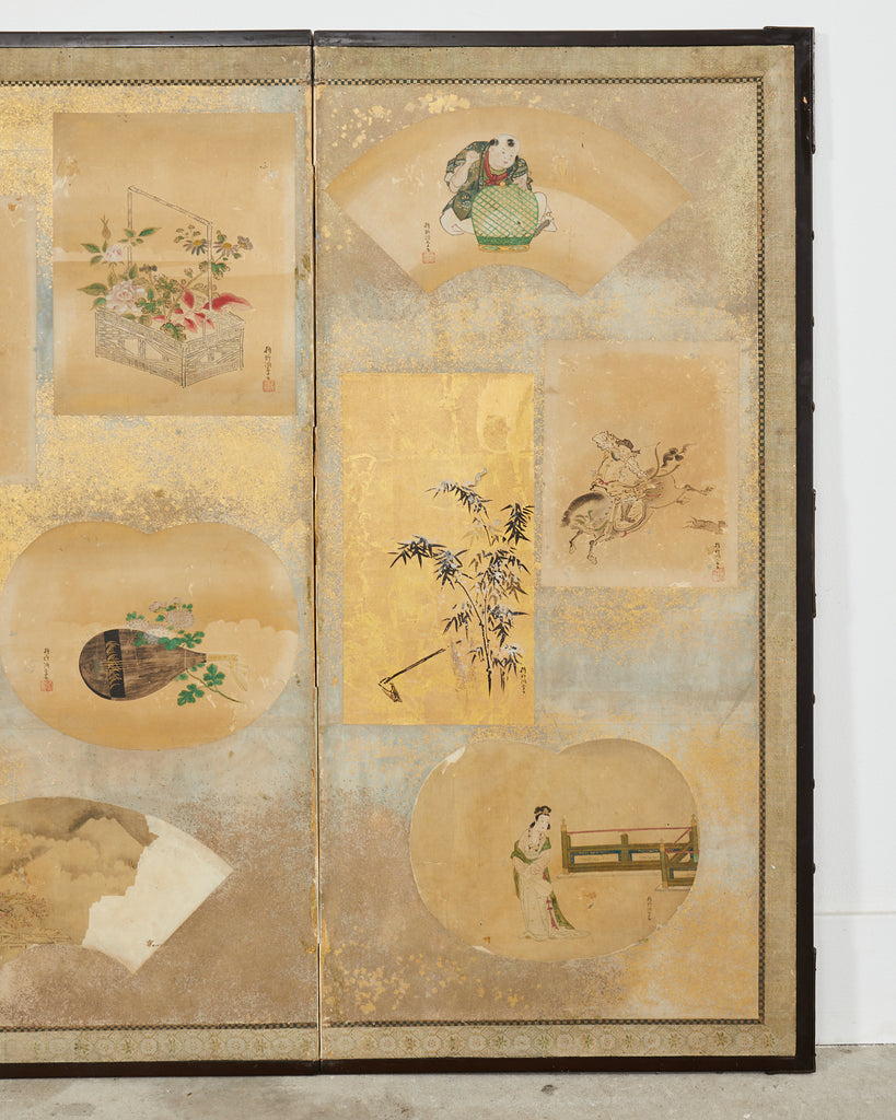 Japanese Edo Six Panel Screen Kano School Applied Vignettes
