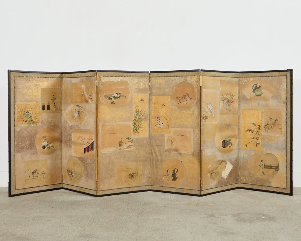 Japanese Edo Six Panel Screen Kano School Applied Vignettes