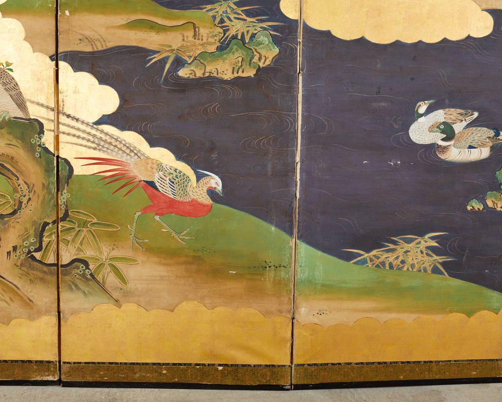 Japanese Meiji Six Panel Screen Kano School Bird Waterscape