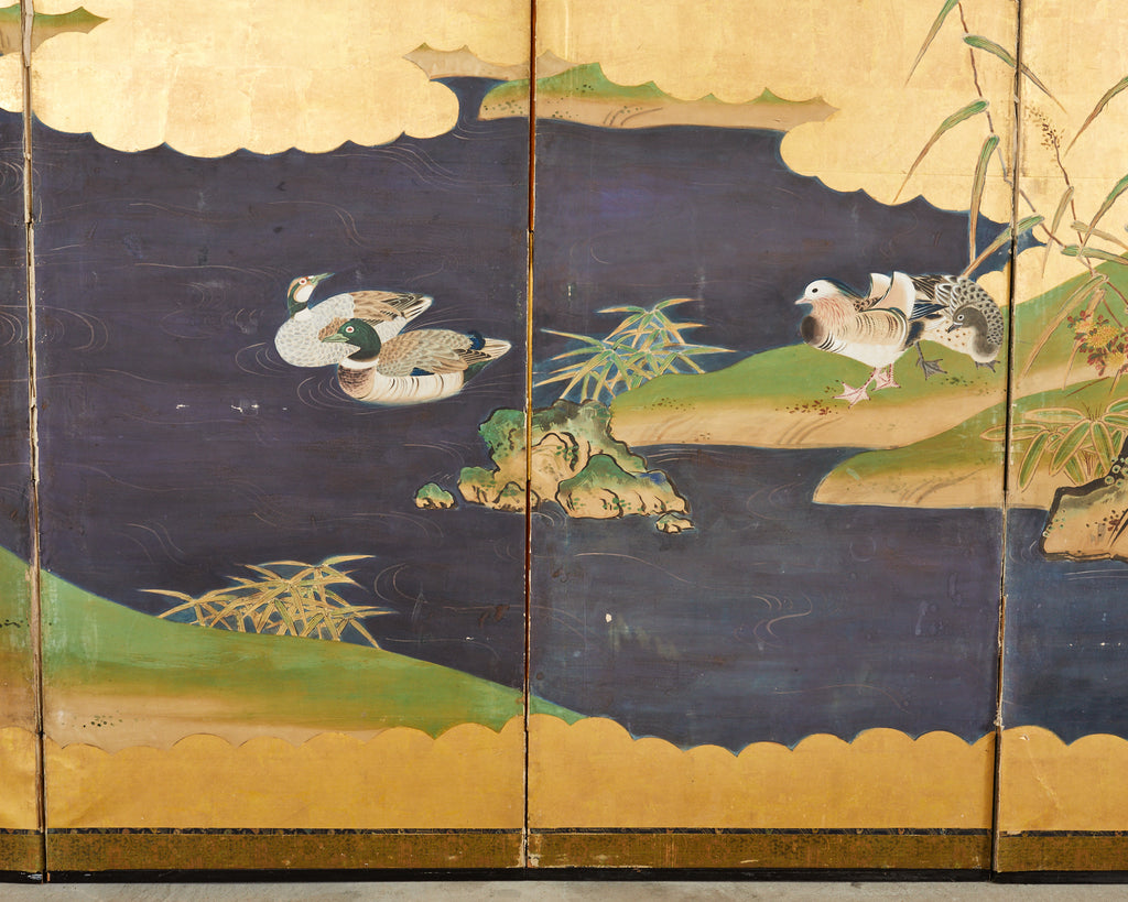 Japanese Meiji Six Panel Screen Kano School Bird Waterscape