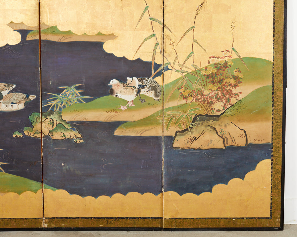 Japanese Meiji Six Panel Screen Kano School Bird Waterscape
