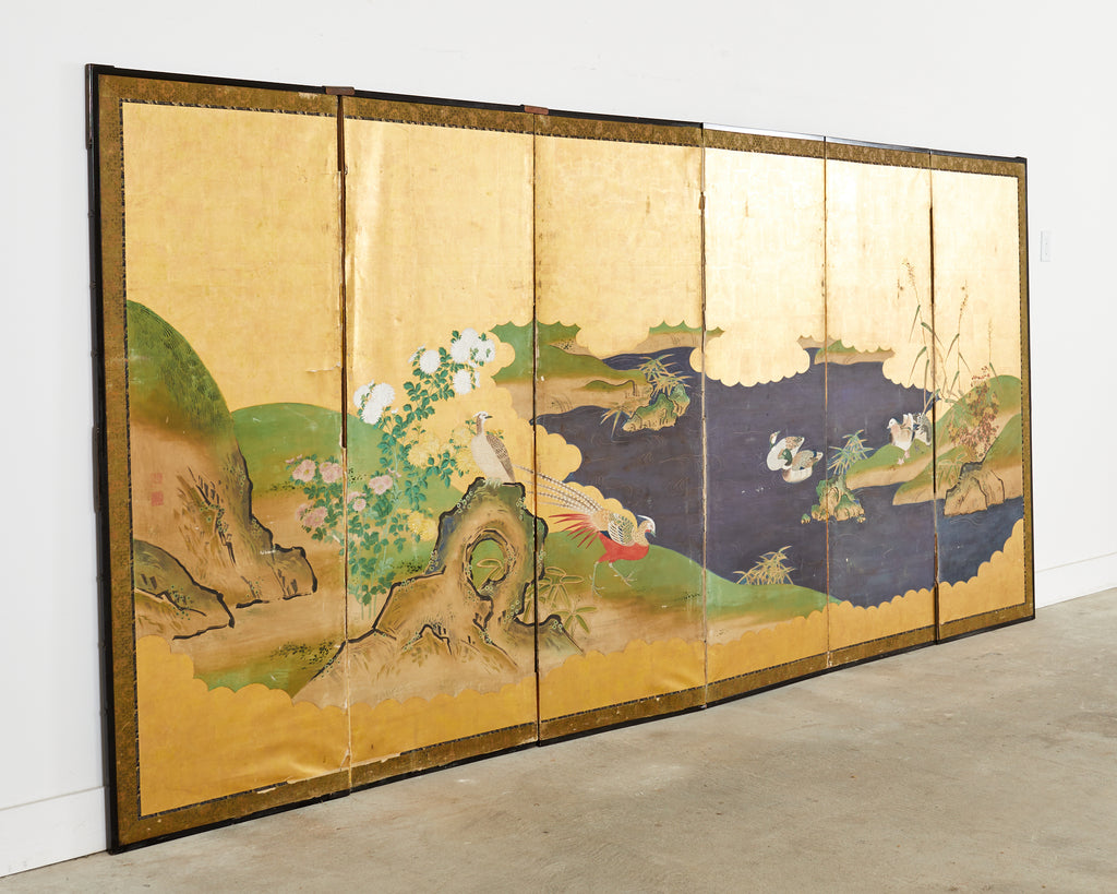 Japanese Meiji Six Panel Screen Kano School Bird Waterscape