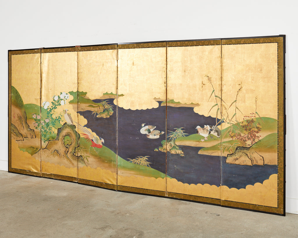 Japanese Meiji Six Panel Screen Kano School Bird Waterscape