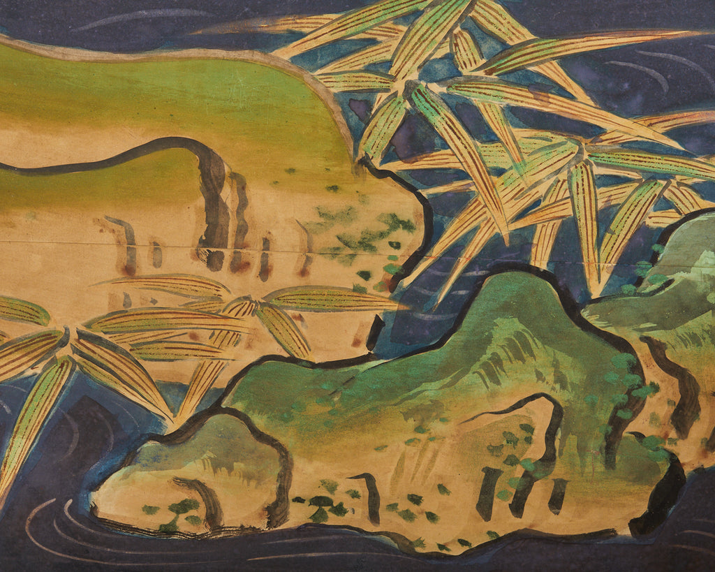 Japanese Meiji Six Panel Screen Kano School Bird Waterscape