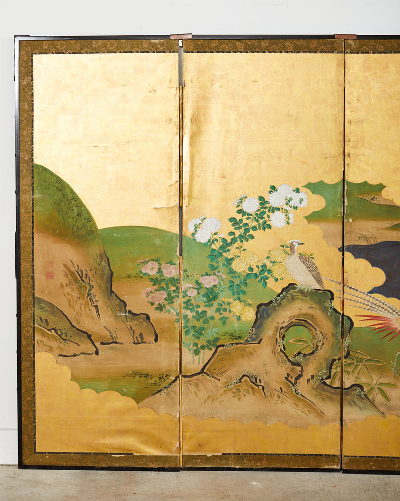 Japanese Meiji Six Panel Screen Kano School Bird Waterscape