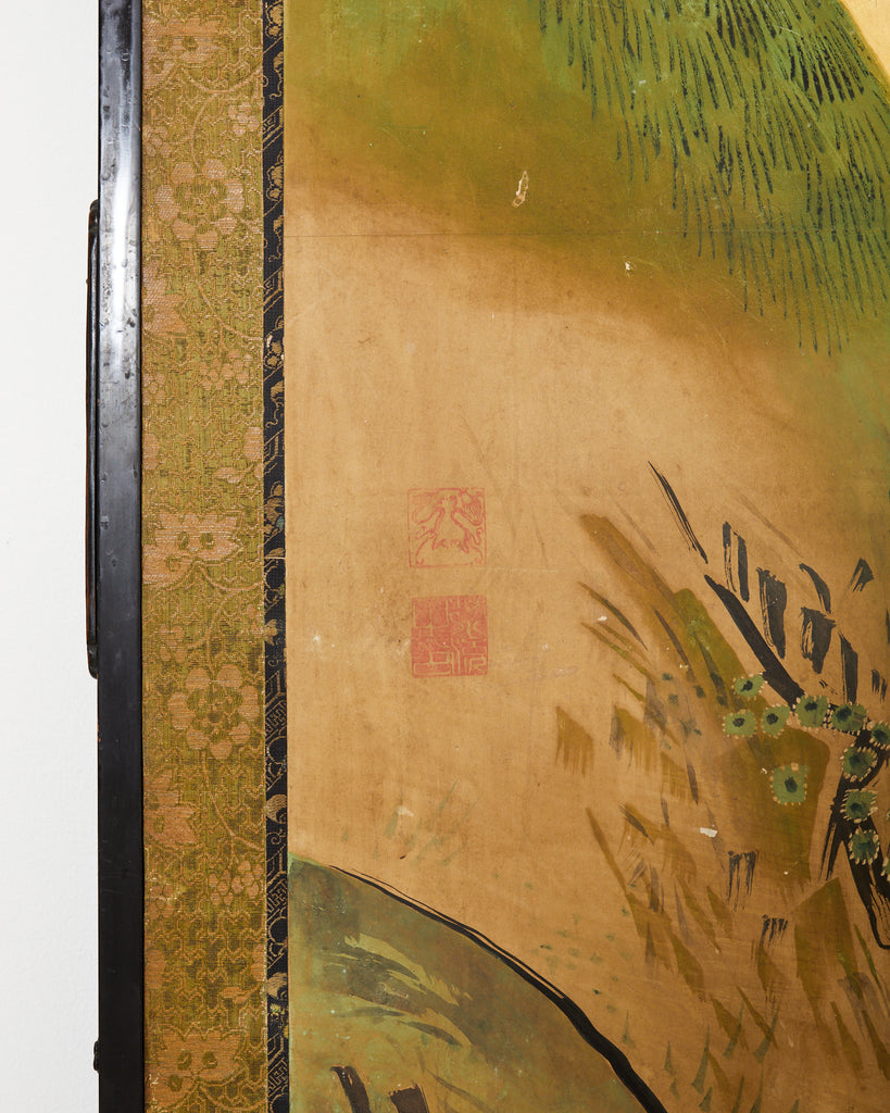 Japanese Meiji Six Panel Screen Kano School Bird Waterscape